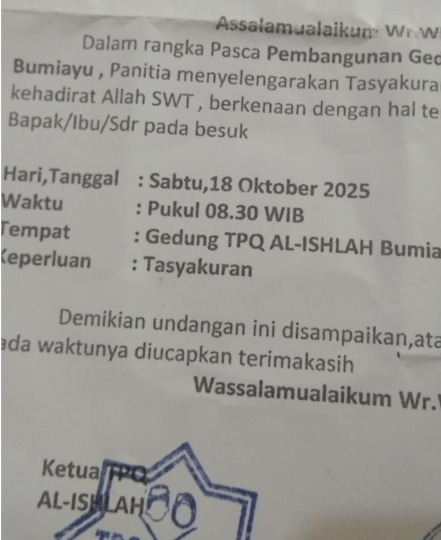 Tasyakuran Selesainya Pembangunan TPQ AL-Ishlah Bumiayu Malang